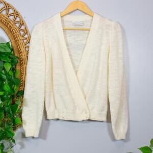 VTG Deb Coquette Cream Wrap Cardigan Pearl Button Knit Sweater Light Spring
